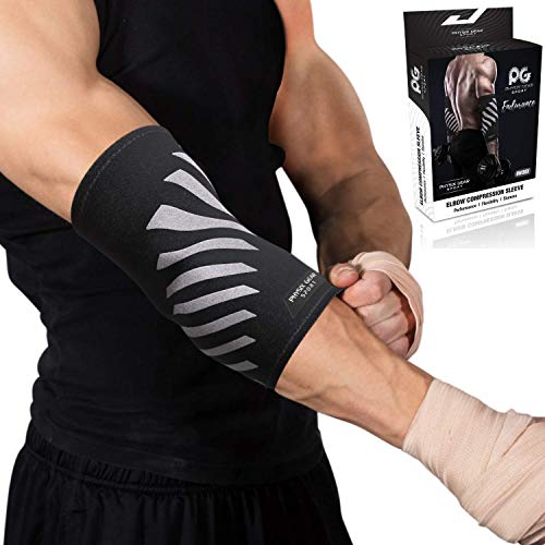 Physix Gear Sport Coderas deportivas de neopreno, las mejores coderas epicondilitis para hombre y mujer, coderas para tendinitis, codo golfista y codo tenista, Soltero, XL, gris/negro