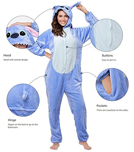 Pijamas Disfraces Onesie Animal Adultos kigurumi Carnaval Halloween o Fiesta Espectáculo Navideño Mono Cosplay Ropa Interior de Zoológico Invierno Unisex Mujeres y Hombres - M - Stitch Azzurro