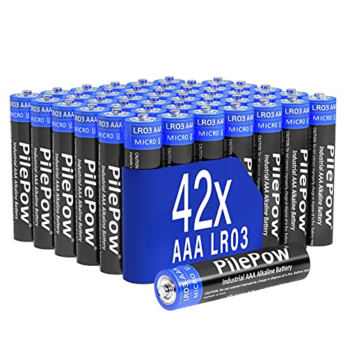 PilePow 42 Unidades, Pilas alcalinas AAA, Industrial 1.5 V LR03 Almacenamiento de 10 años baterías Desechables para Juguetes, Reloj Despertador, Control Remoto portátil y Otros Dispositivos Diarios