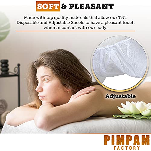 PimPam Factory - Pack de 10 Sábanas de TNT Desechables Ajustable | Fabricado en España 95X220cm | 100% Reciclables | Repele Líquidos | Ideal para Camas y Camillas de Masaje