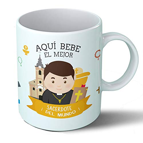 Planetacase Taza Desayuno Aquí Bebe el Mejor Sacerdote del Mundo Regalo Original sacerdotes Cura Iglesia Ceramica 330 mL