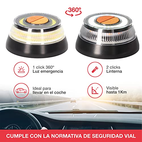 PMK GRUPO - Luz V16 Homologada DGT | Luz Emergencia Coche Averia o Accidente [Visibilidad 1 Km] o Linterna con Base Imantada o Gancho para Colgar de Activación Sencilla IDIADA PC20100269-2 Unidades