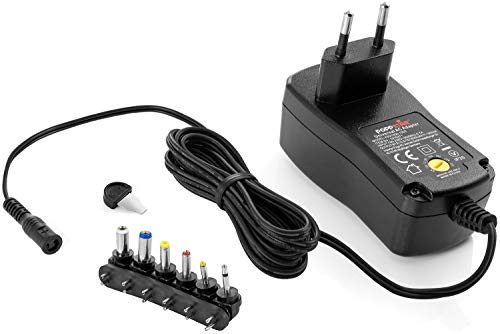 Poppstar Alimentador Universal (9V 12V 13,5V 15V 18V 20V 24V - 1A (1000mA), con 6 Conectores y LED, Cable eléctrico 150 cm