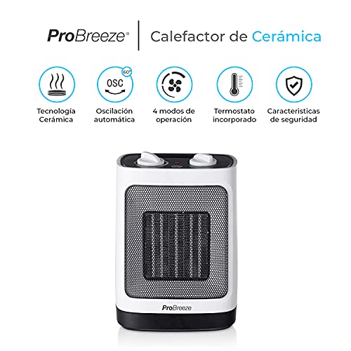 Pro Breeze Mini Calefactor Cerámico 2000W. Oscilación Automática y 2 Configuraciones de Temperatura, Blanco