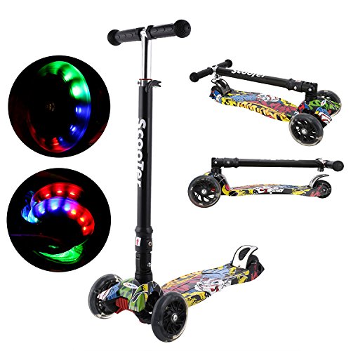 Profun Patinete Niño, Patinete para Niños 3 a 10 Años， Patinete Plegable con Ruedas de luz LED Patinetes de Altura Ajustable para Niños y Niñas (77CM-87CM), Carga Máxima 50 KG