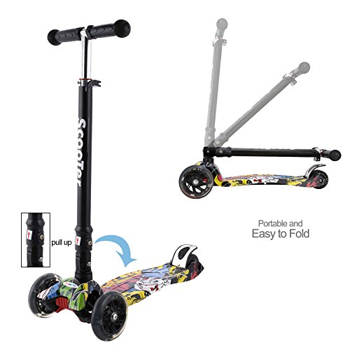 Profun Patinete Niño, Patinete para Niños 3 a 10 Años， Patinete Plegable con Ruedas de luz LED Patinetes de Altura Ajustable para Niños y Niñas (77CM-87CM), Carga Máxima 50 KG