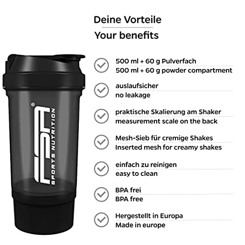 Proteína Shaker de 500 ml, con compartimento para los polvos de 100 ml, con tamiz, Botella Mezcladora, a prueba de fugas, BPA libre, FSA Nutrition - Negro