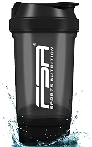 Proteína Shaker de 500 ml, con compartimento para los polvos de 100 ml, con tamiz, Botella Mezcladora, a prueba de fugas, BPA libre, FSA Nutrition - Negro