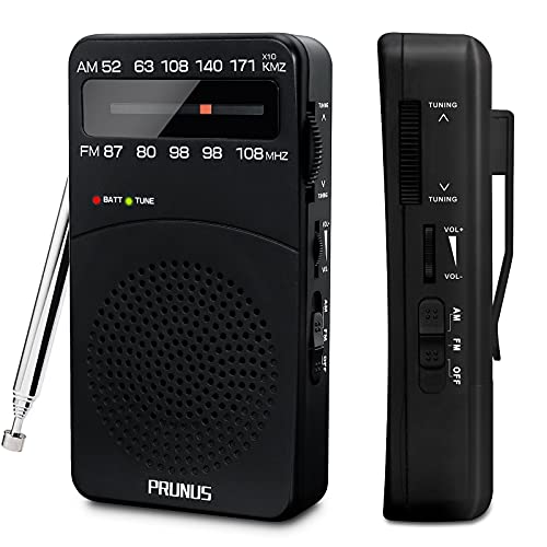 PRUNUS J-166 Radio Transistor Pequeño FM/Am, Radio Portatil Pequeña con Clip Trasero, Radio Multibanda Sintonizador con indicador.Funciona con Pilas AA.