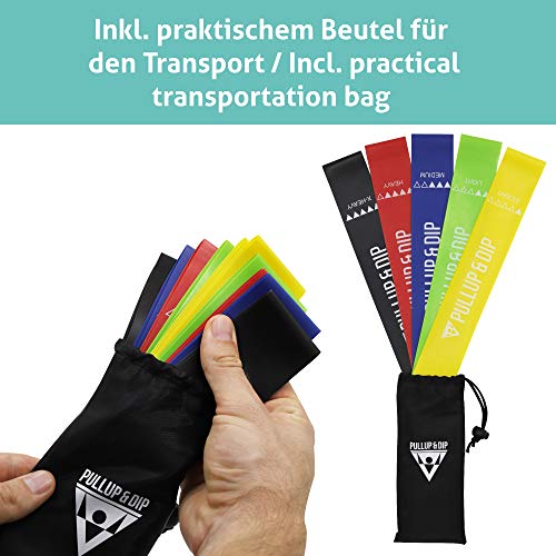 PULLUP & DIP Bandas Elástica de Resistencia, Cintas Elástica de 5 Intensidades + Bolsa de Transporte, Loop Bands, Mini Bandas, Bandas Ejercicio para Crossfit, Yoga, Pilates, Fitness