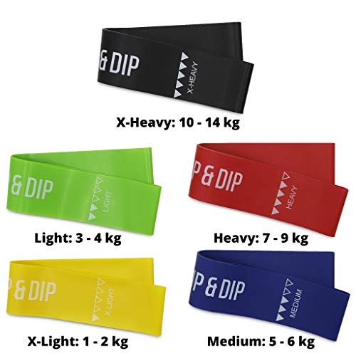 PULLUP & DIP Bandas Elástica de Resistencia, Cintas Elástica de 5 Intensidades + Bolsa de Transporte, Loop Bands, Mini Bandas, Bandas Ejercicio para Crossfit, Yoga, Pilates, Fitness