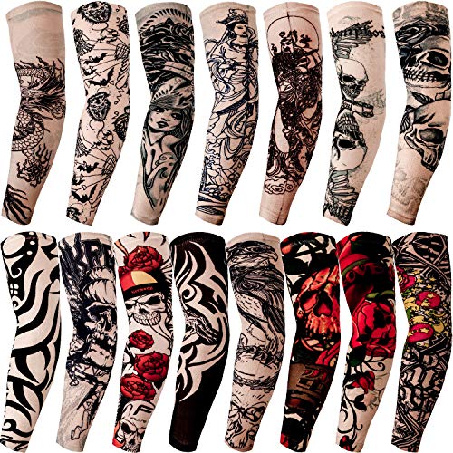 Qpout 15 Piezas Brazo Tatuajes Mangas para Hombres Mujeres, Unisex Tribal tótem cráneo Flor Moda Tatuajes Mangas Ciclismo al Aire Libre Baloncesto Protector Solar Nylon Estiramiento Tatuajes Mangas