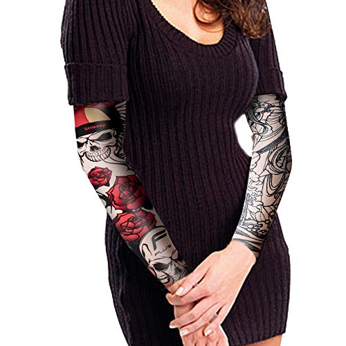 Qpout 15 Piezas Brazo Tatuajes Mangas para Hombres Mujeres, Unisex Tribal tótem cráneo Flor Moda Tatuajes Mangas Ciclismo al Aire Libre Baloncesto Protector Solar Nylon Estiramiento Tatuajes Mangas