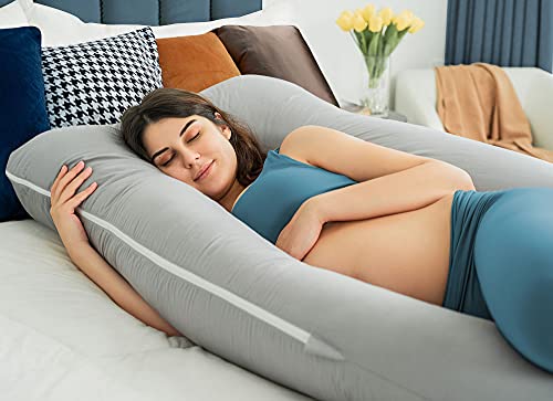 QUEEN ROSE Almohada para el Embarazo, Almohada de Maternidad en Forma de U con Cremallera Funda Extraíble, Almohada para Todo el Cuerpo para Mujeres Embarazadas (Gris)