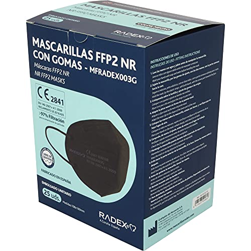 RADEX 85005210. Caja de 25 Mascarillas FFP2, Negras, 5 Capas, CE 2841, Hecha en España