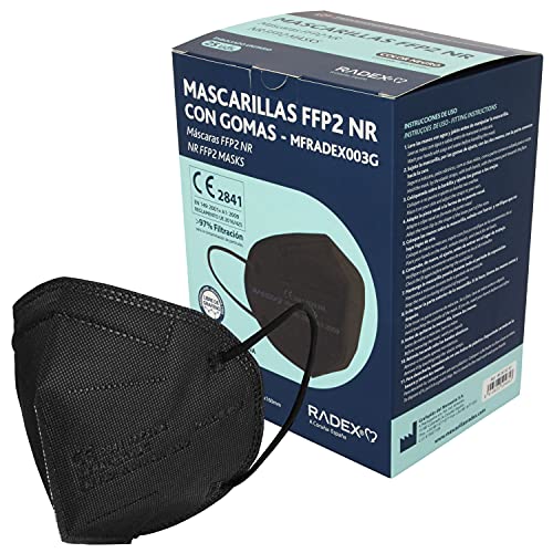 RADEX 85005210. Caja de 25 Mascarillas FFP2, Negras, 5 Capas, CE 2841, Hecha en España