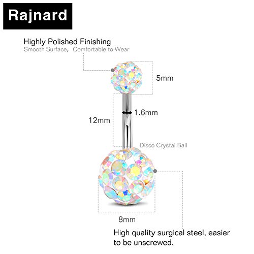 Rajnard Piercing Ombligo 14G 12 mm Acero quirúrgico Bola de Cristal Perlado 8 Piezas Plata