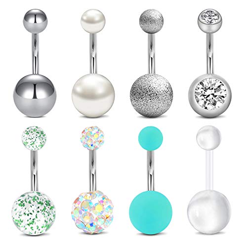 Rajnard Piercing Ombligo 14G 12 mm Acero quirúrgico Bola de Cristal Perlado 8 Piezas Plata