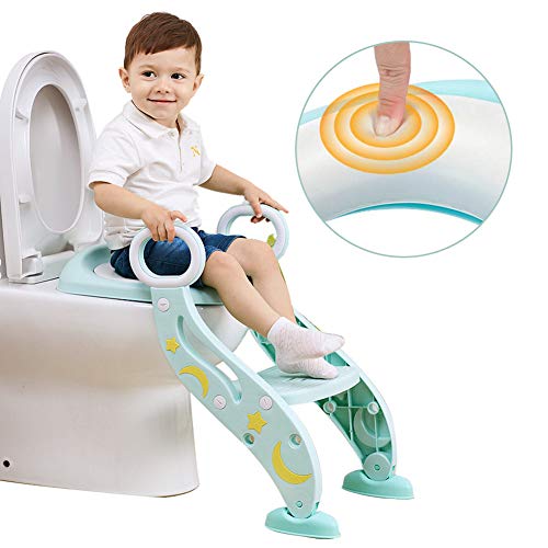 Reductor WC niños Aseo Asiento con Escalera, Escalera wc, 2 Escalones y Agarraderas Grandes, Asiento de Entrenamiento de Inodoro Ajustable y Plegable, Verde