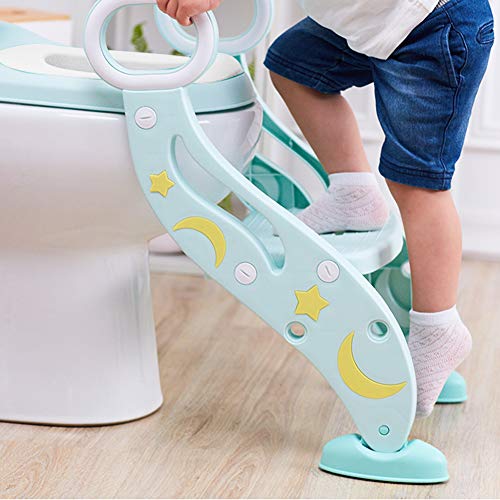 Reductor WC niños Aseo Asiento con Escalera, Escalera wc, 2 Escalones y Agarraderas Grandes, Asiento de Entrenamiento de Inodoro Ajustable y Plegable, Verde