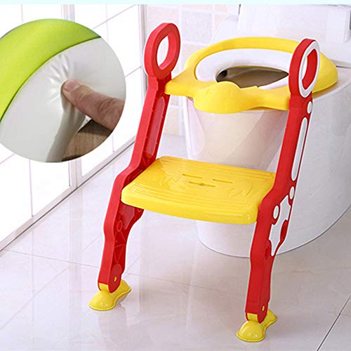 Reductor WC niños Aseo Asiento con Escalera, Orinales para niños, 2 Escalones y Agarraderas Grandes, Asiento de Entrenamiento de Inodoro Ajustable y Plegable, Rojo + Amarillo