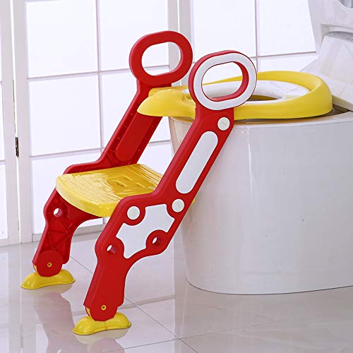 Reductor WC niños Aseo Asiento con Escalera, Orinales para niños, 2 Escalones y Agarraderas Grandes, Asiento de Entrenamiento de Inodoro Ajustable y Plegable, Rojo + Amarillo