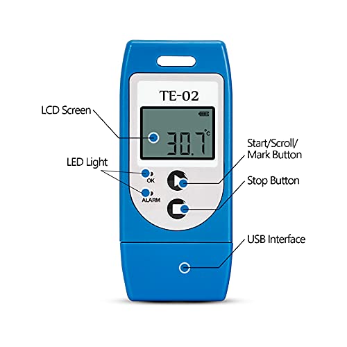 Registrador de Datos de Temperatura USB 32000 Puntos Software para Mac/Window Export PDF/Excel Informe para Frío Cadena Almacenes Nevera Invernadero (TE-02)