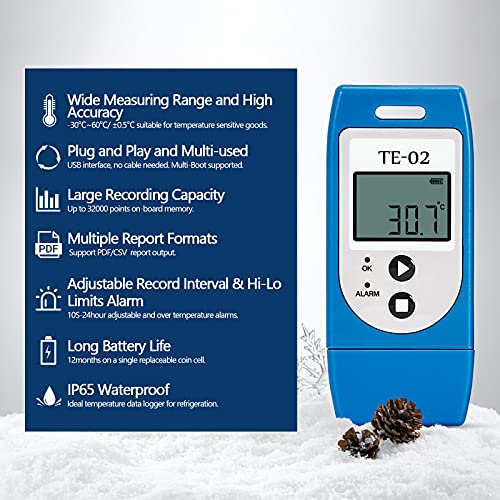 Registrador de Datos de Temperatura USB 32000 Puntos Software para Mac/Window Export PDF/Excel Informe para Frío Cadena Almacenes Nevera Invernadero (TE-02)