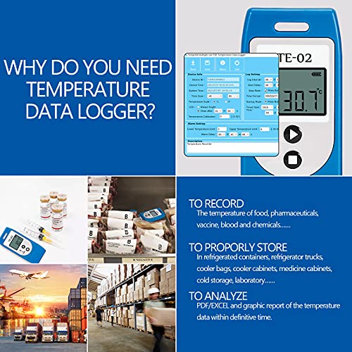Registrador de Datos de Temperatura USB 32000 Puntos Software para Mac/Window Export PDF/Excel Informe para Frío Cadena Almacenes Nevera Invernadero (TE-02)