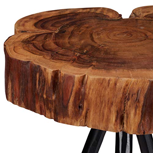 Relaxdays, 50 cm de Alto Mesa Auxiliar Tronco de Madera Maciza, Mango-Metal, Marrón Natural-Negro