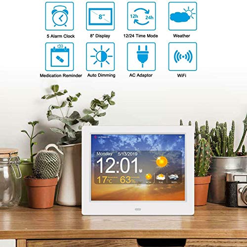 Reloj WiFi Demencia 8 pulgadas calendario digital con previsión meteorológica, interfaz meteorológica 5 alarma grande no abreviado día mes, mejor regalo para pérdida de memoria ancianos ancianos