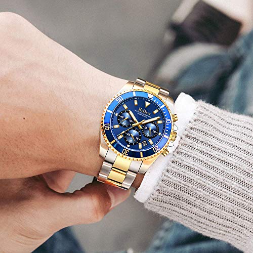 Relojes para Hombre cronógrafo de Acero Inoxidable Impermeable Fecha analógico Reloj de Cuarzo de Negocios Casual Moda Relojes para Hombres, Oro Azul B, Pulsera