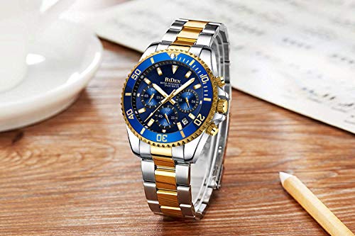 Relojes para Hombre cronógrafo de Acero Inoxidable Impermeable Fecha analógico Reloj de Cuarzo de Negocios Casual Moda Relojes para Hombres, Oro Azul B, Pulsera