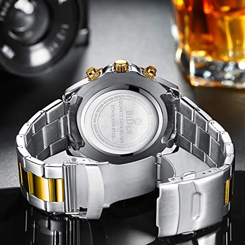 Relojes para Hombre cronógrafo de Acero Inoxidable Impermeable Fecha analógico Reloj de Cuarzo de Negocios Casual Moda Relojes para Hombres, Oro Azul B, Pulsera