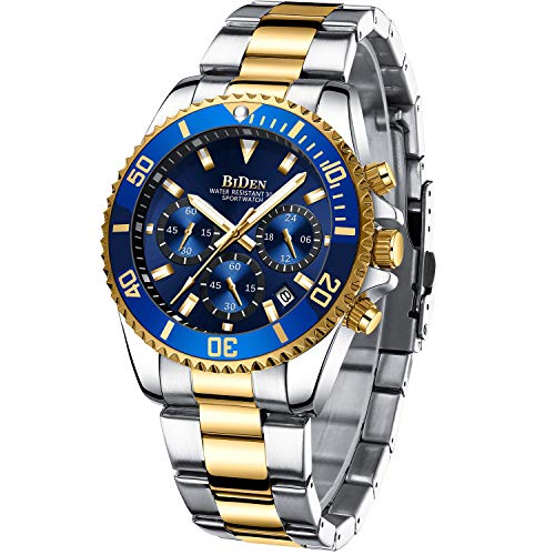 Relojes para Hombre cronógrafo de Acero Inoxidable Impermeable Fecha analógico Reloj de Cuarzo de Negocios Casual Moda Relojes para Hombres, Oro Azul B, Pulsera