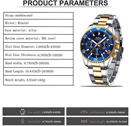 Relojes para Hombre cronógrafo de Acero Inoxidable Impermeable Fecha analógico Reloj de Cuarzo de Negocios Casual Moda Relojes para Hombres, Oro Azul B, Pulsera