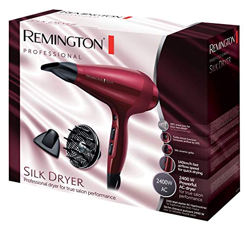 Remington Secador de Pelo Profesional Silk - Iónico, Difusor y Concentrador, 6 Temperaturas, 2 Velocidades, 2400 W, Rojo - AC9096