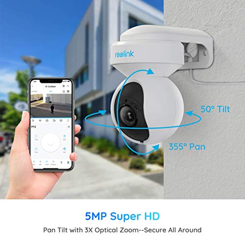 Reolink 5MP PTZ Cámara de Seguridad WiFi Exterior con 3X Zoom Óptico, Focos y Visión Nocturna en Color, 2.4/5GHz WiFi Cámara con Detección de Personas/Vehículos Seguimiento Automático, E1 Outdoor-V3