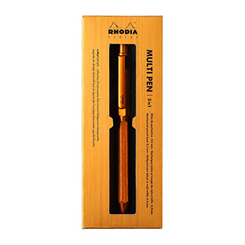 RHODIA 9340C – 3 en 1 Scraipt Multipen – 2 bolígrafos de 0,5 mm negro y rojo + 1 portaminas grafito de 0,5 mm – Cuerpo hexagonal de aluminio cepillado naranja – Recargable – Goma bajo el pulsador