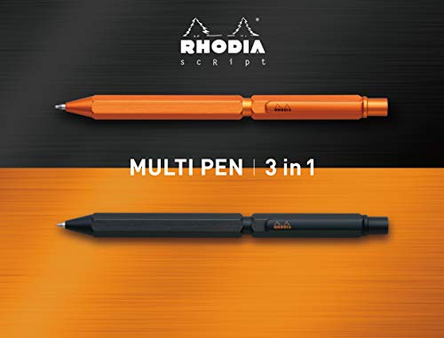 RHODIA 9340C – 3 en 1 Scraipt Multipen – 2 bolígrafos de 0,5 mm negro y rojo + 1 portaminas grafito de 0,5 mm – Cuerpo hexagonal de aluminio cepillado naranja – Recargable – Goma bajo el pulsador