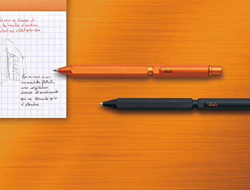 RHODIA 9340C – 3 en 1 Scraipt Multipen – 2 bolígrafos de 0,5 mm negro y rojo + 1 portaminas grafito de 0,5 mm – Cuerpo hexagonal de aluminio cepillado naranja – Recargable – Goma bajo el pulsador