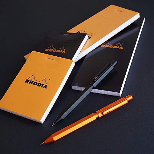 RHODIA 9340C – 3 en 1 Scraipt Multipen – 2 bolígrafos de 0,5 mm negro y rojo + 1 portaminas grafito de 0,5 mm – Cuerpo hexagonal de aluminio cepillado naranja – Recargable – Goma bajo el pulsador