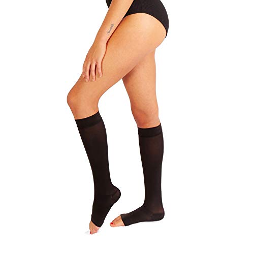 RIEMTEX Medias de compresión medicinalmente graduadas, clase 2, CCL2, punta abierta, medias para trombosis, medias para mujer y hombre, color negro o beige (talla 5, negro)