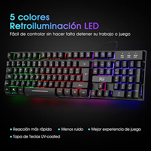 Rii RK100+ Novedoso Teclado USB Retroiluminado,Colores Rainbow y Panel metálico Resistente,Alta sensibilidad Ideal para Jugar, QWERTY con Layout Español Teclado espandido.