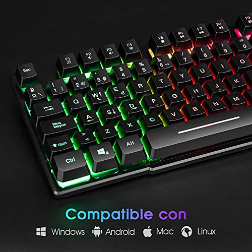 Rii RK100+ Novedoso Teclado USB Retroiluminado,Colores Rainbow y Panel metálico Resistente,Alta sensibilidad Ideal para Jugar, QWERTY con Layout Español Teclado espandido.