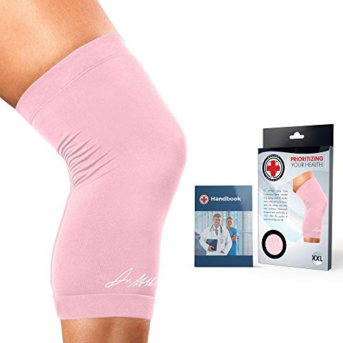 Rodillera Compresión para Mujer Desarrollada por Médicos - ALIVIO del Dolor Articular, Menisco, Ligamentos, Tendinitis y Lesiones - Incluye Libro Manual Escrito por Médico - Color Rosa Talla XL