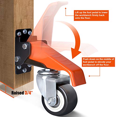 Ronlap Juego de ruedas de banco de trabajo de capacidad de 300 KG, ruedas retráctiles de 6,3 cm de alta resistencia, paquete de 4, ruedas ajustables de mesa de montaje lateral