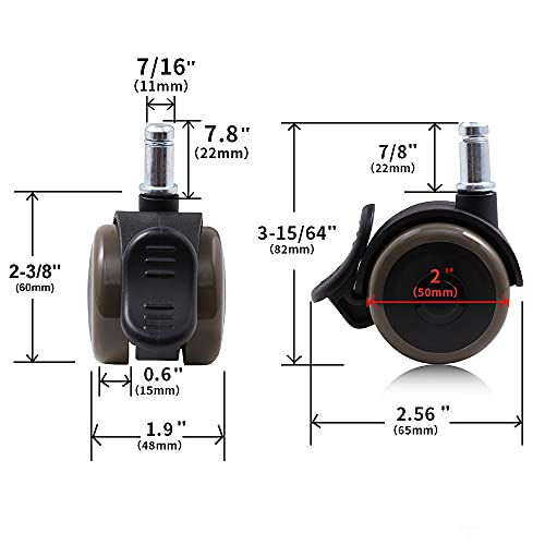 Ruedas para silla de oficina con freno de 11 mm, ruedas para suelo duro con freno de 11 mm, 5 juegos de ruedas para silla de oficina giratoria de 11 x 22 mm/2 pulgadas (50 mm)