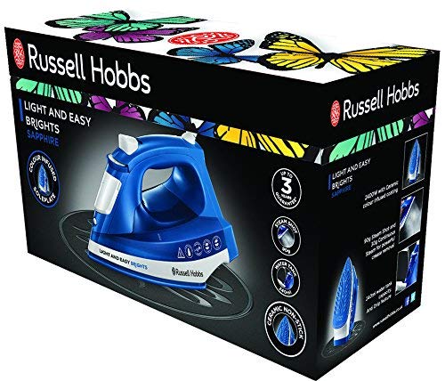 Russell Hobbs Plancha de Ropa Light & Easy Brights - 2400 W, Suela con Revestimiento de Cerámica Coloreada, Golpe de Vapor 90 g, Vapor Continuo 30 g, Azul - 24830-56