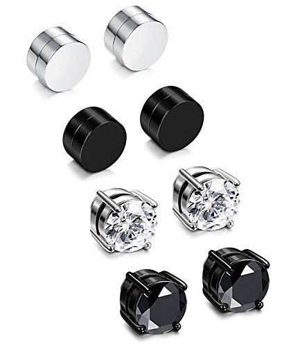 Sailimue 4 Pares Acero Inoxidable Pendientes Iman Hombre Mujer Aretes Falso Redondos Pendientes Piercing Magnetico Circonita Negro y Plata 6MM